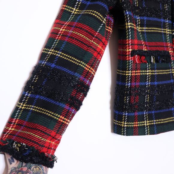 J CREW Lady Jacket Lurex Stewart Tartan Red Black Fringe Open Blazer Women's 4 - Picture 5 of 16